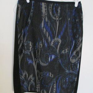 T Tahari Blue on Black Printed Front Black Back Pencil Skirt Size 6